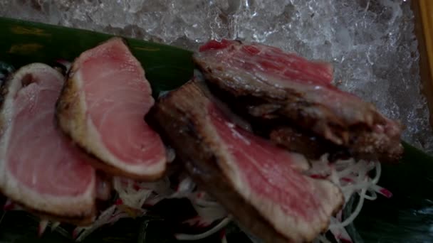 Japonské Jídlo Aburi Smažené Tuňáka Sashimi Prémiové Filet Speciální Díly — Stock video