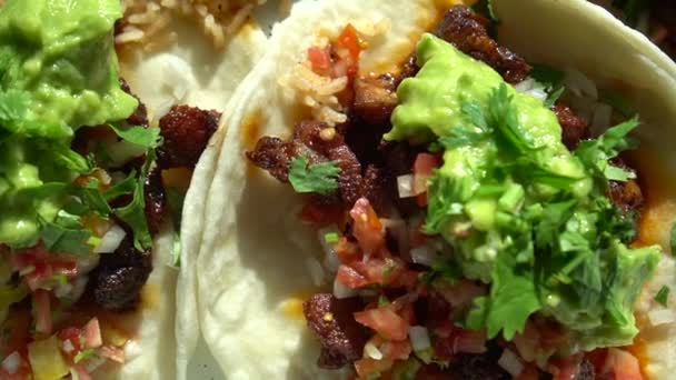 Mexican Food Tasty Carnitas Pork Taco Gaucamole Salsa Chilli Sauce — Stock Video