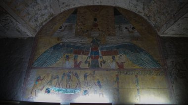 Krallar Vadisi Luxor Mısır Tausert Mezarı ve Setnakht heiroglyphic resim pastel rengi güzel sarı ve mavi fresk tarzı