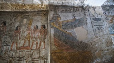 Krallar Vadisi Luxor Mısır Tausert Mezarı ve Setnakht heiroglyphic resim pastel rengi güzel sarı ve mavi fresk tarzı