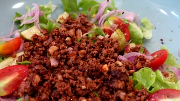 メキシカンスタイルのサラダグリルチキンサルサチップと野菜 — ストック動画