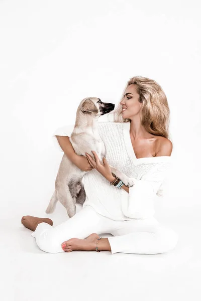 かわいい若い女性のキスと彼女の子犬のモングレル犬を抱擁 所有者と犬の愛 白い背景に隔離されている スタジオポートレート — ストック写真