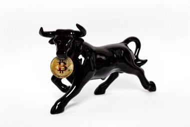Bitcoin kripto parasının zorba eğilimi. Bitcoin altın sikke ve siyah boğa. Sanal kripto para birimi kavramı.