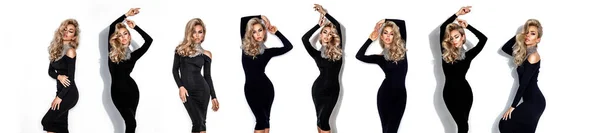 Элегантная Мода Потрясающая Блондинка Элегантном Черном Платье Украшения Изолированы Белом — стоковое фото