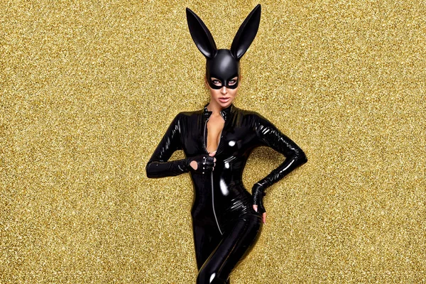 Sexy Blonde Woman Posing Latex Costume Black Bunny Mask Gold — Stock Photo, Image