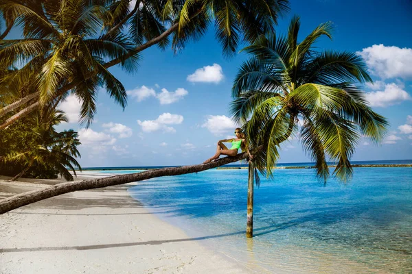 Mooie Vrouw Bikini Een Palmboom Het Paradijselijke Strand Van Malediven — Stockfoto