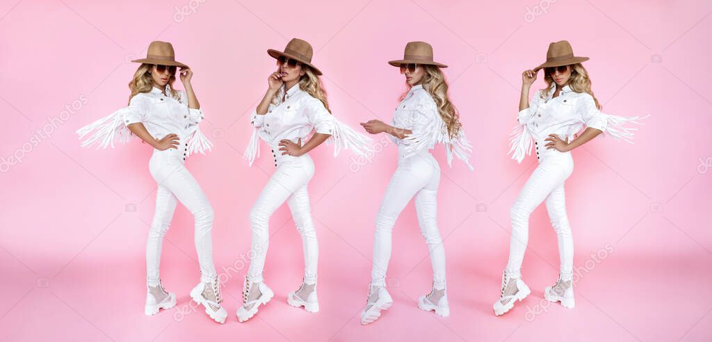 Spring fashion. Beautiful stylish female model in white trendy outfit in studio. Elegant woman in white fringe jacket and white boots on pink background. Studio shoot. Fashionable woman.