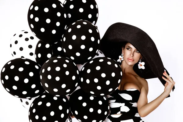 Beautiful Fashion Model Dressed Pinup Style Black Dress White Polka — Fotografia de Stock