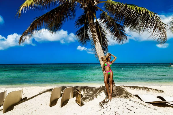 Schöne Sexy Gebräunte Frau Eleganten Bikini Posiert Neben Der Palme — Stockfoto