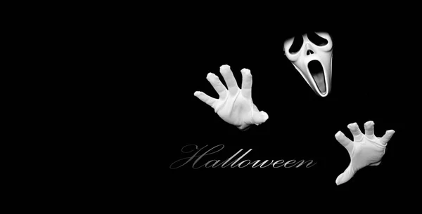 Scream Devil Costume Someone Black Cover Put White Ghost Mask — Stock Photo, Image