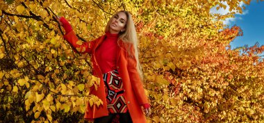 Güzel kadın sonbahar sahnesinde renkli yapraklı sonbahar kıyafetleri giyiyor. Açık hava çekimi. Sonbahar modası.