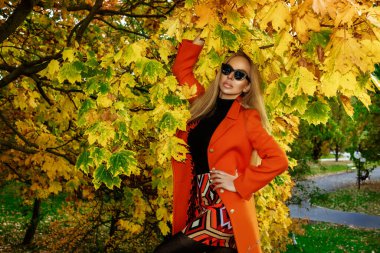 Güzel kadın sonbahar sahnesinde renkli yapraklı sonbahar kıyafetleri giyiyor. Açık hava çekimi. Sonbahar modası.