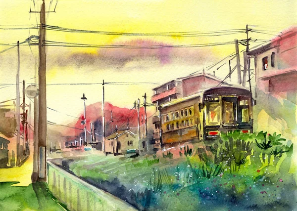 Акварельная Иллюстрация Городского Поезда Зданиями Фоне Жёлтого Закатного Неба Электрическими — стоковое фото