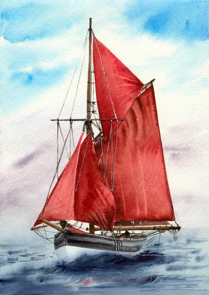 Акварельная Иллюстрация Белой Яхты Ярко Красными Парусами Бурном Голубом Океане — стоковое фото