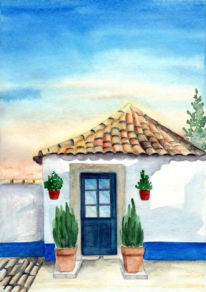 Акварельная Иллюстрация Белого Синего Старого Средиземноморского Дома Коричневой Черепичной Крышей — стоковое фото
