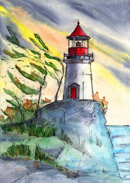 Illustration Aquarelle Petit Phare Sur Une Île Contre Ciel Jaune — Photo