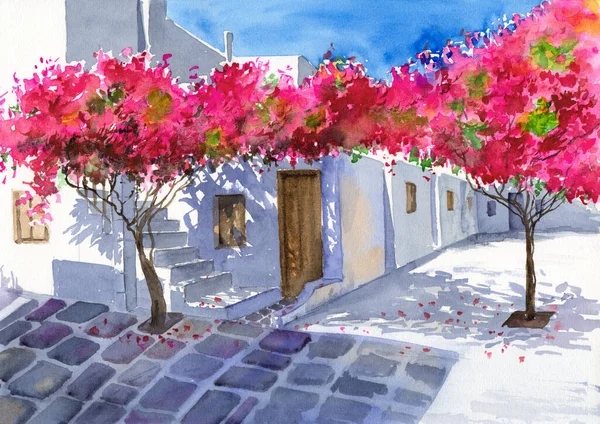 Illustration Aquarelle Une Rue Dans Une Petite Ville Sud Europe — Photo