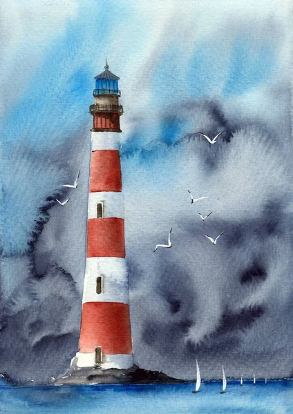 Ein Aquarell Zeigt Einen Rot Weiß Gestreiften Leuchtturm Vor Einem — Stockfoto