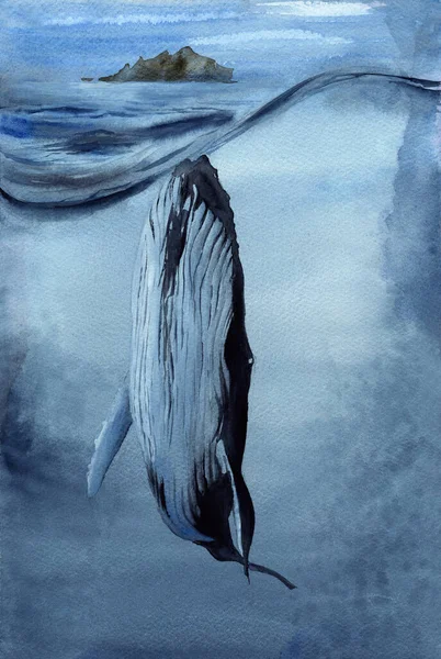 Illustration Aquarelle Grand Rorqual Bleu Milieu Océan Avec Une Vague — Photo