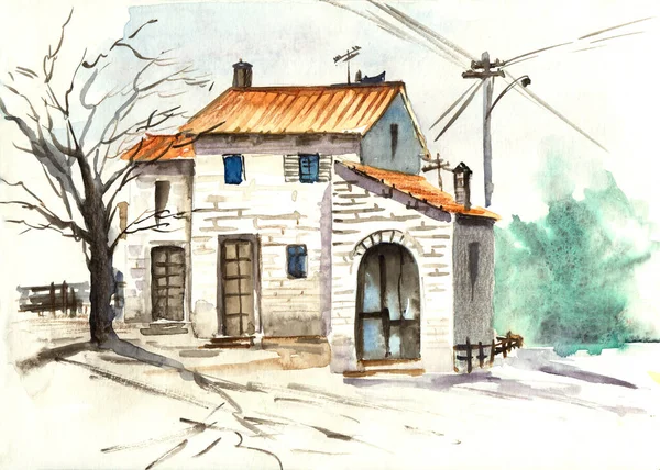 Aquarell Illustration Eines Alten Zweistöckigen Hauses Mit Weiß Getünchten Wänden — Stockfoto