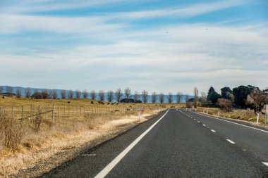 Avustralya 'da tarlalar ve çiftliklerle çevrili boş bir yol. Ufuktaki dağlar. Yolculuk konsepti
