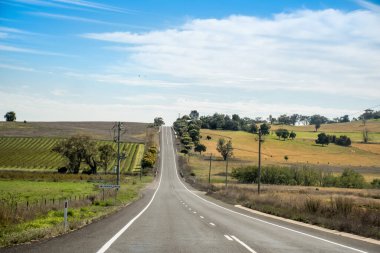 Avustralya 'da Nimmitabel yakınlarında çiftlik ve tarlalarla çevrili boş bir yol. Yolculuk konsepti