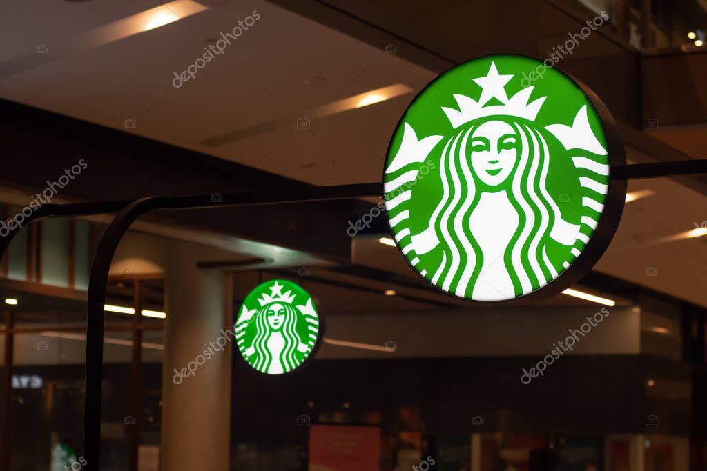 Sydney Australia 2021-08-30 Starbucks cafe logo sign at Miranda Westfield shopping centre