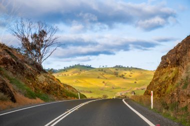 Avustralya 'da çiftlik ve tarlalarla çevrili boş bir yol. Yolculuk konsepti