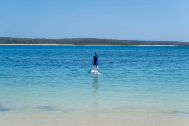 Avustralya 'daki okyanus körfezinde ayağa kalkmak için kürek çeken bir adam. SUP su sporları SUP su sporları yaz etkinliği