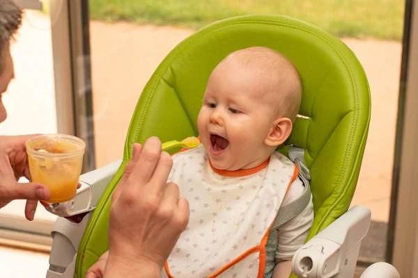 Pai Alimentando Bebê Com Colher Cheia Purê Maçã Bebê Primeiro — Fotografia de Stock