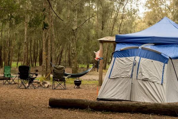 Orangefarbenes Zelt Flussufer Wald Reisetourismus Camping Life Concept — Stockfoto