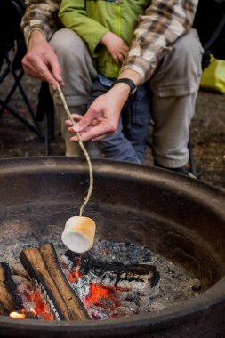 Baba ve oğul kamp ateşinin üzerinde çubuk üzerinde büyük bir marşmelov kızartıyorlar. Kampçı aile eğlence yaşam tarzı