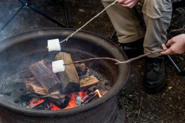 İnsanlar kamp ateşinin üzerinde büyük bir çubuk üzerinde büyük marşmelov kızartıyorlar. Aile eğlencesi.