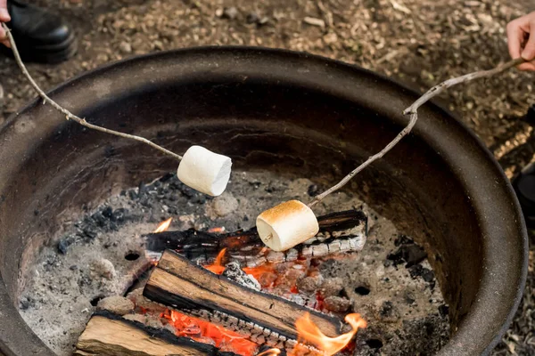 Roasting Large Marshmallows Wooden Stick Campfire Firepit Camping Family Fun — Stock Photo, Image