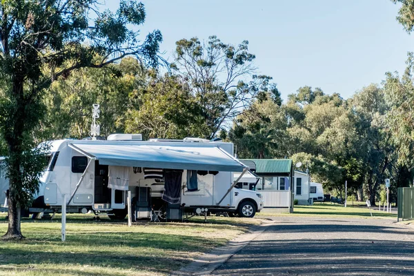 RV caravans camping at the caravan park. Camping vacation travel