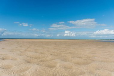 Low tide seabed ocean floor bottom exposed beautiful textured sand dunes. Nature background. Theodolite creek at Woodgate beach, Queensland, Australia