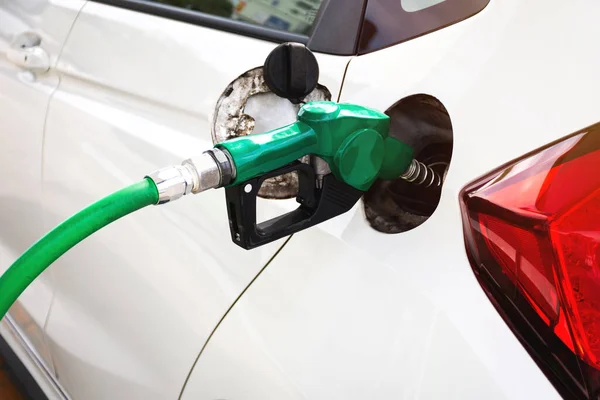 White Car Refueling Gas Station Green Fuel Nozzle — Stock Photo, Image