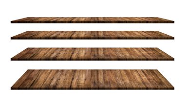 Tahta raflar masa üstü koleksiyonu beyaz arkaplanda izole edildi.