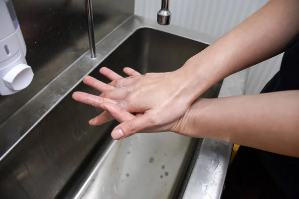 Woman Washing Hands Sink Soap — Zdjęcie stockowe