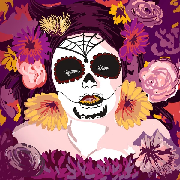 Young pretty Mexican Sugar Skull girl y with flowers in her hair — Stock Vector