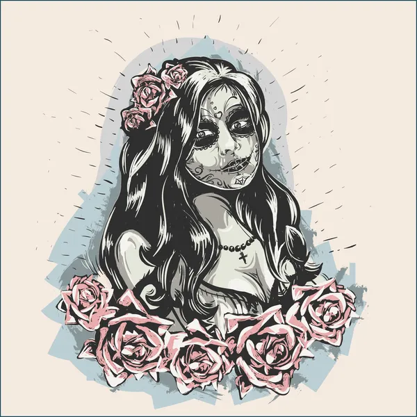 Lány smink dia de los muertos tetovált hölgy kép — Stock Vector
