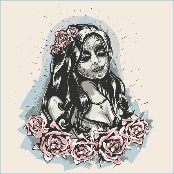 Chica en maquillaje Dia De Los Muertos Tatuado Lady Picture — Vector de stock