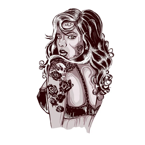 Mujer rockabilly vibrante con tatuaje en los brazos — Vector de stock