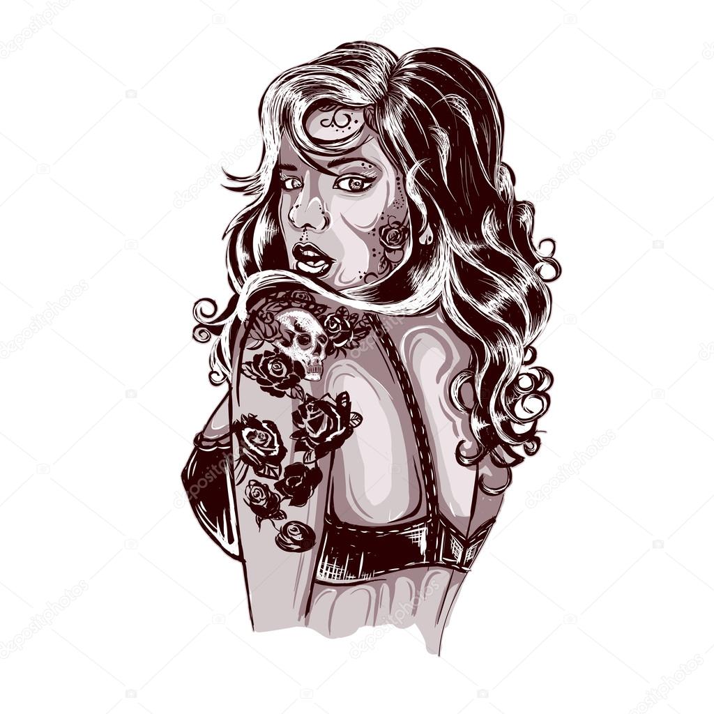 Vibrant rockabilly woman with tattoo on arms