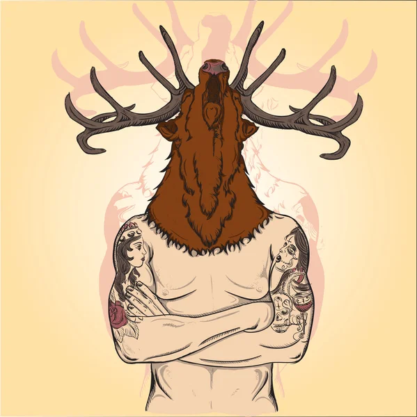 Tatouages Tatoué un homme avec une tête de cerf Photo — Image vectorielle