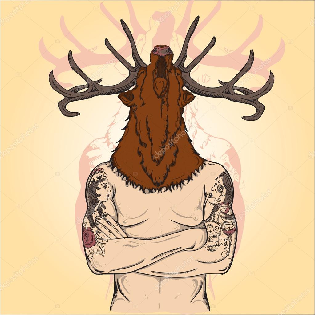 Tatuagens Tatuado um homem com a cabeça de um veado Foto Vetor de  ©Lviktoria25 48201545, image size:1023x1024