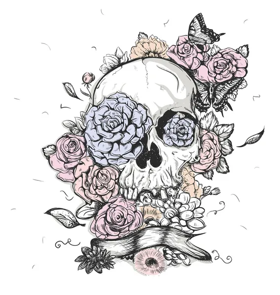 Skull and Flowers Vector Illustration Day of The Dead — Stock Vector