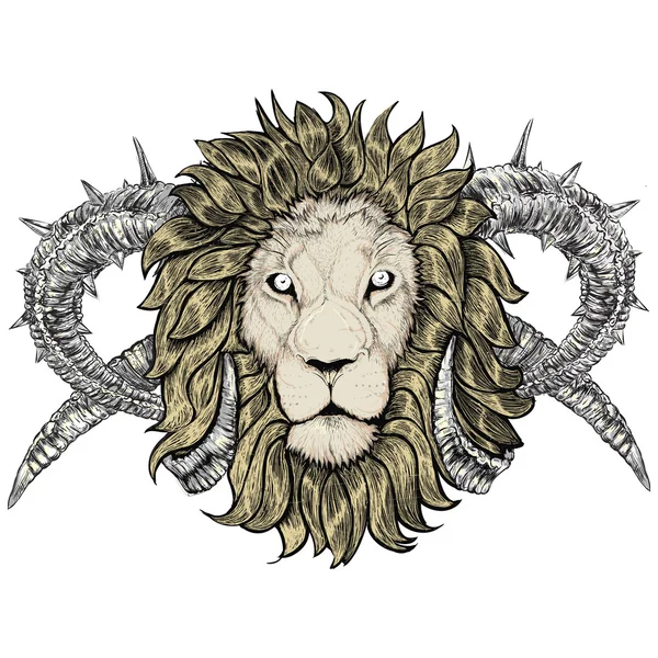 Skizze eines tätowierten Löwen mit Hörnern — Stockvektor
