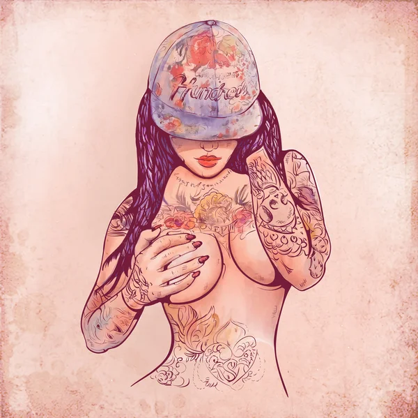 Chica casual en una gorra y tatuajes — Vector de stock