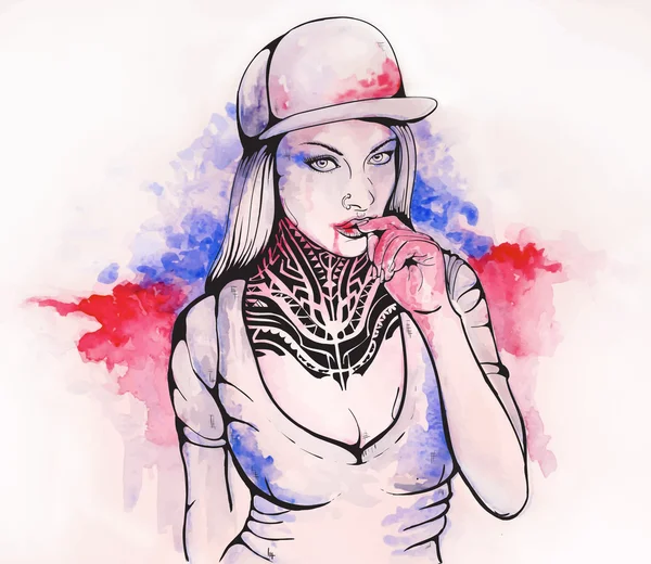 Chica en una gorra con tatuaje — Vector de stock